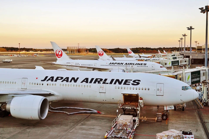 Những chiếc máy bay của Japan Airlines đỗ tại sân bay, chuẩn bị cất cánh.