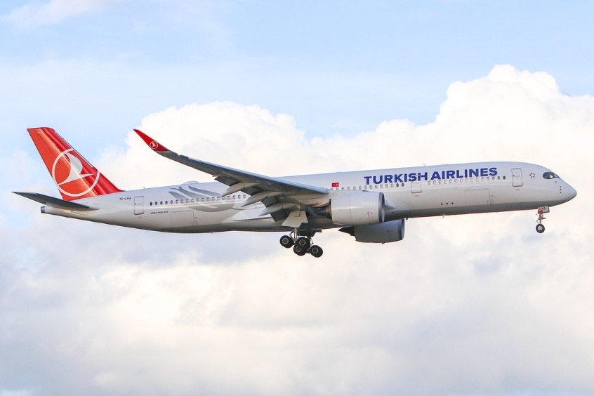 Máy bay Turkish Airlines bay trên bầu trời với mây trắng, biểu tượng chuyến bay từ Hà Nội đến Glasgow