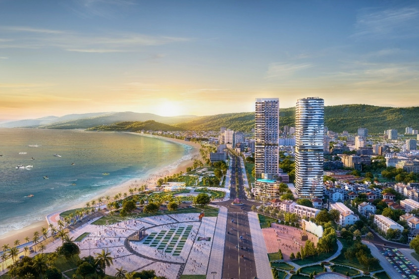 Toàn cảnh thành phố Nha Trang nhìn từ trên cao, nổi bật với đường bờ biển uốn lượn và bầu trời trong xanh