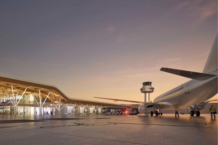 Sân bay quốc tế Salzburg về đêm, với nhà ga kiến trúc gỗ độc đáo