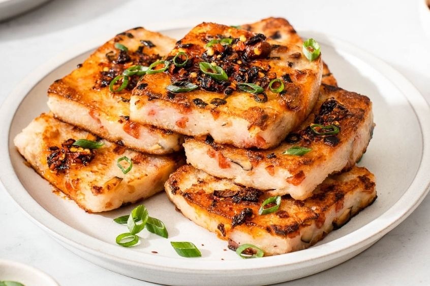 Bánh củ cải - Miếng bánh củ cải chiên vàng giòn, thơm và hấp dẫn