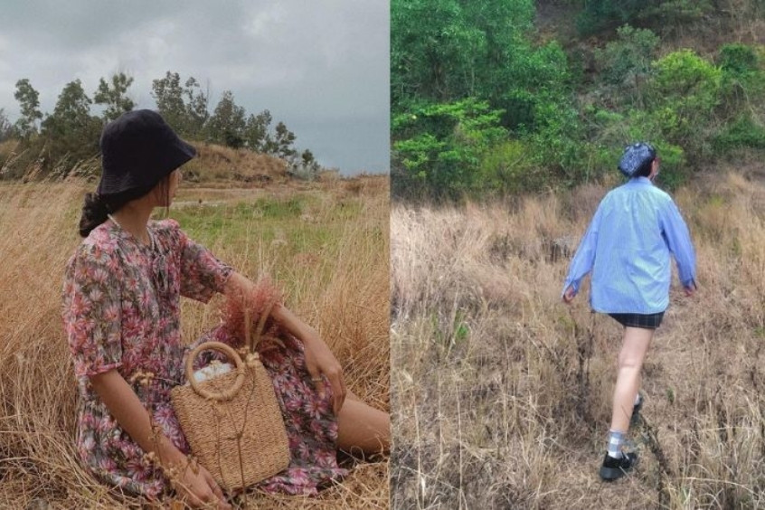 Du khách check-in tại bãi cỏ cháy Đà Nẵng với background cỏ vàng