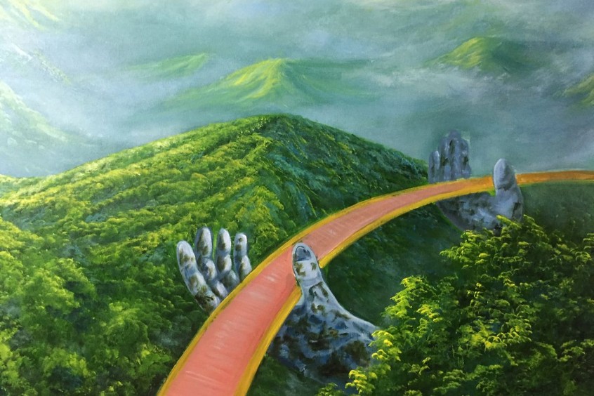 Bức tranh sơn dầu nghệ thuật về Cầu Vàng Đà Nẵng, góc rộng với bàn tay nâng cầu giữa mây trời nét vẽ tinh tế, giàu cảm xúc