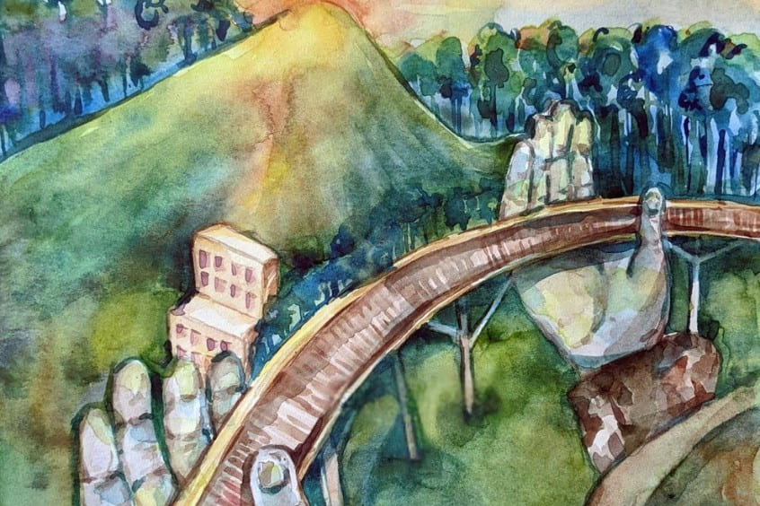 Nghệ thuật màu nước Cầu Vàng Bà Nà Hills cảnh cầu được nâng bởi bàn tay khổng lồ giữa rừng xanh tranh vẽ tay bởi @lipppostcard