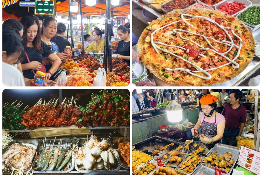 Phố ẩm thực Huỳnh Thúc Kháng - Phạm Hồng Thái về đêm đa dạng món ăn (Nguồn: Internet)