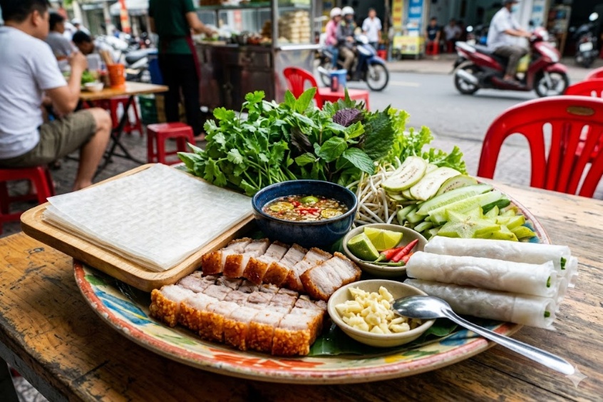 Thưởng thức ẩm thực Đà Nẵng với món bánh tráng cuốn thịt heo trứ danh (Nguồn: Internet)