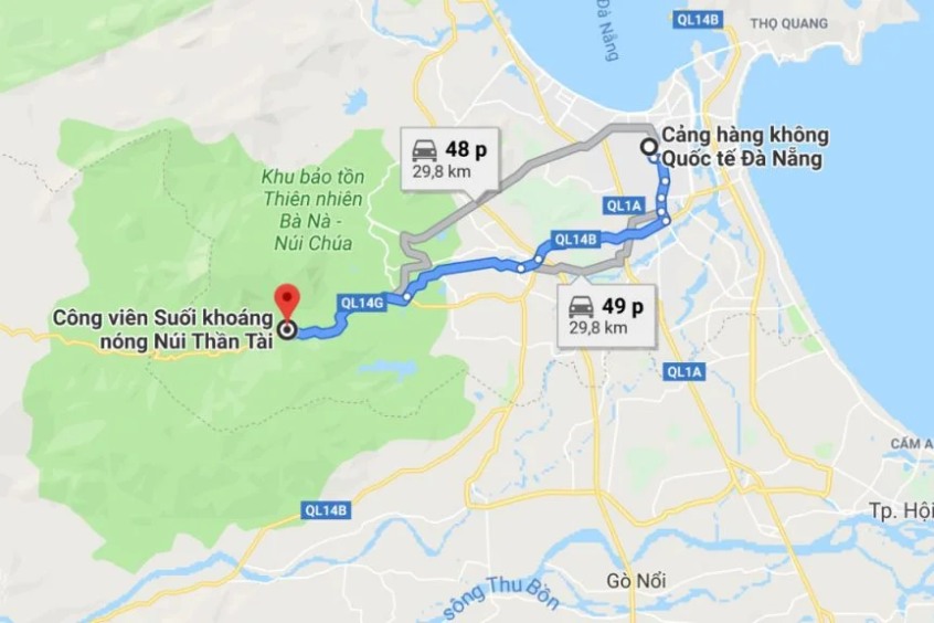 Bản đồ chỉ dẫn đường đi từ trung tâm Đà Nẵng đến Núi Thần Tài 
