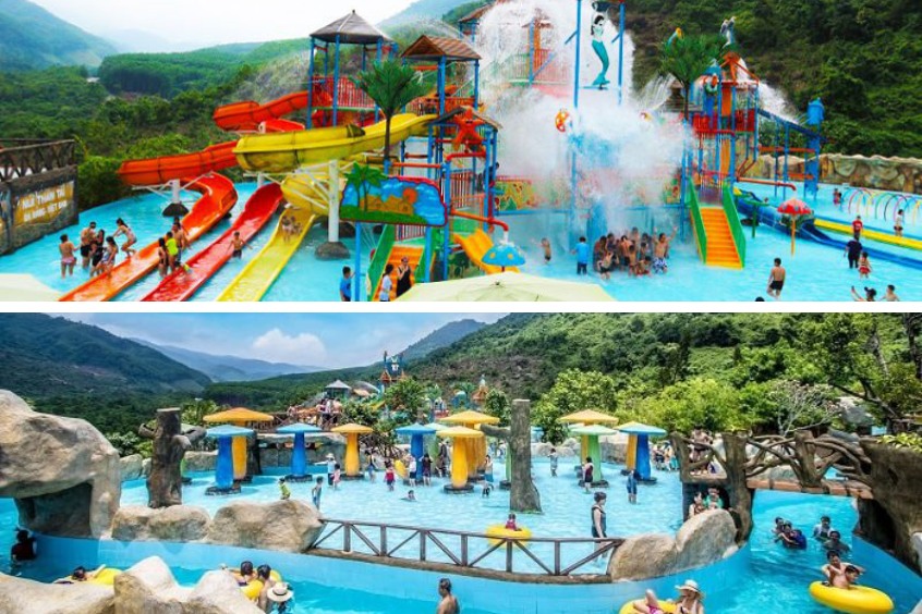 Các đường trượt nước sắc màu và hồ tạo sóng hiện đại tại khu du lịch Núi Thần Tài