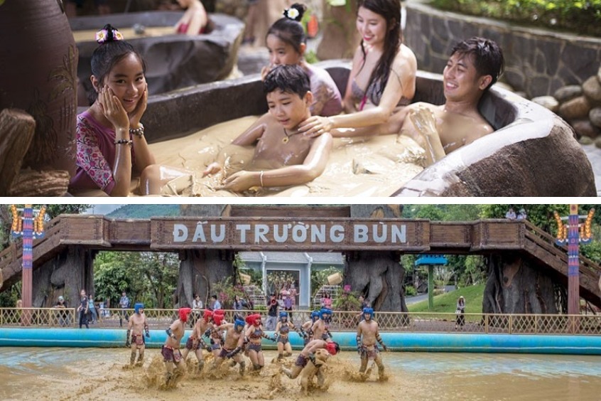 Du khách đang trải nghiệm dịch vụ tắm bùn khoáng nóng trong các bồn đá lộ thiên sang trọng và hình ảnh đấu trường bùn