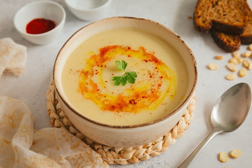 Bát súp đậu fava nóng hổi với màu vàng nhạt được trang trí bằng dầu ô liu và rau thơm