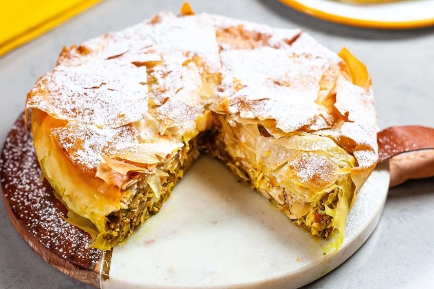 Món ăn đặc sản Marrakech Pastilla với lớp vỏ giòn, nhân thịt bồ câu và hạnh nhân