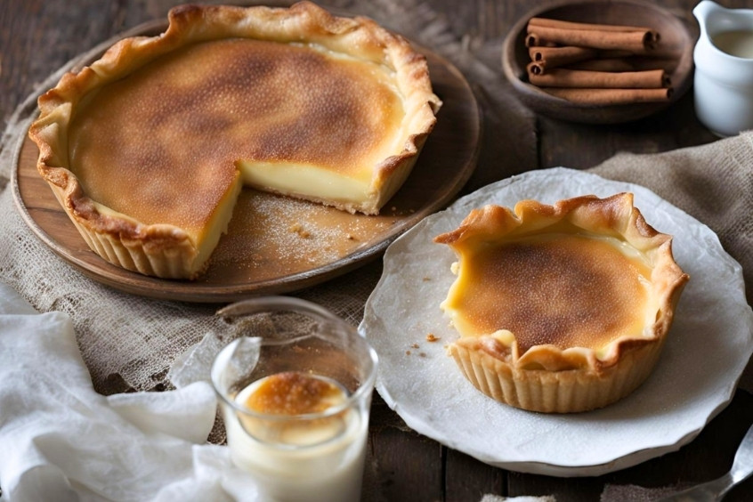 Miếng bánh Melktert phủ bột quế, mềm mịn và béo ngậy