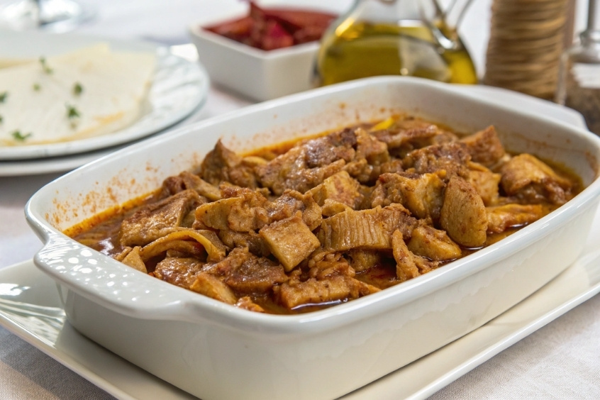 Đĩa ruột dê hầm kèm rau và gia vị truyền thống