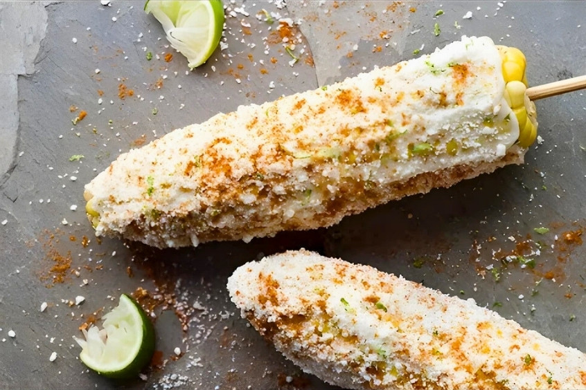 Ngô nướng Elotes Mexico với phô mai tan chảy và ớt bột cay nhẹ