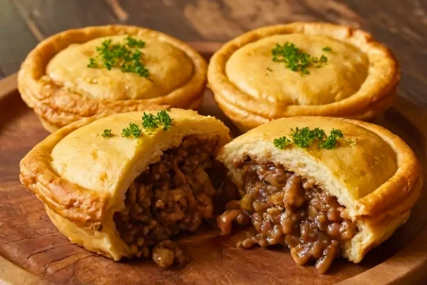 Meat Pie – Món ăn đặc sản Canberra với lớp vỏ bánh vàng giòn kèm nhân thịt, biểu tượng ẩm thực đường phố của Úc (Nguồn: Internet)