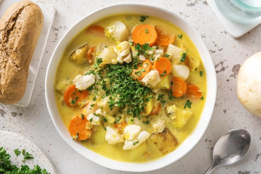 Món súp gà Waterzooi nóng hổi, trang trí đẹp mắt với rau củ và kem tươi, đặc sản của Ghent